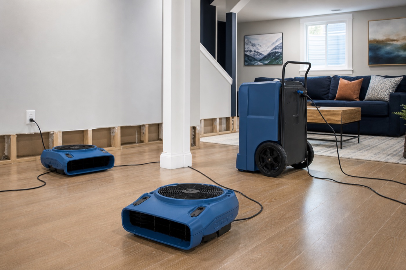 Air movers and a dehumidifier drying a Colorado Springs lower level after a water loss