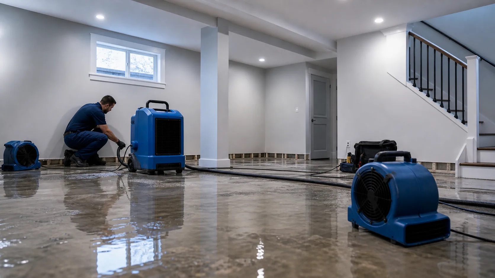 Restoration technician running air movers and a dehumidifier in a water-damaged Colorado Springs basement